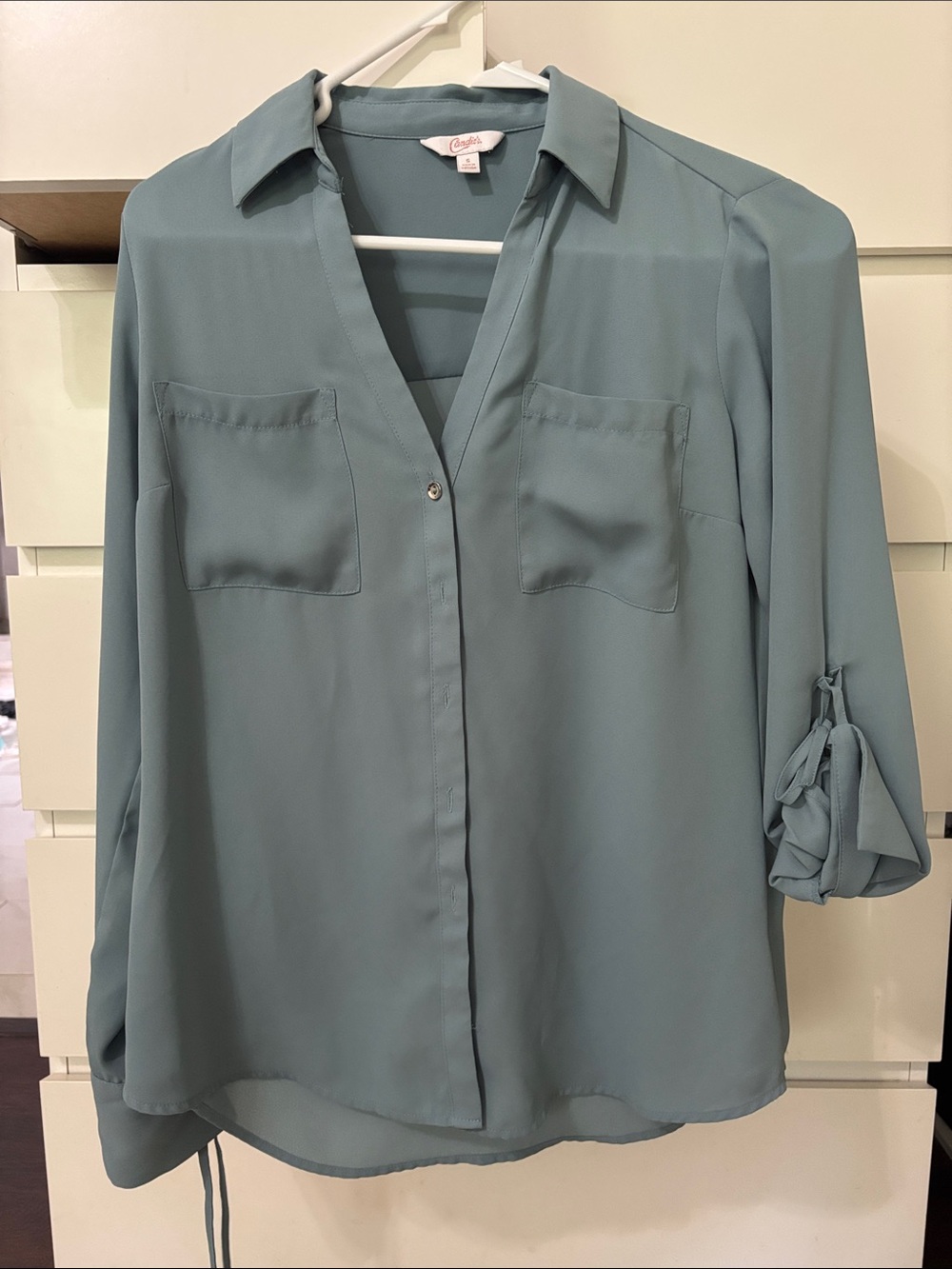 Candie's Sage Green Button-Front Blouse with Chest Pockets